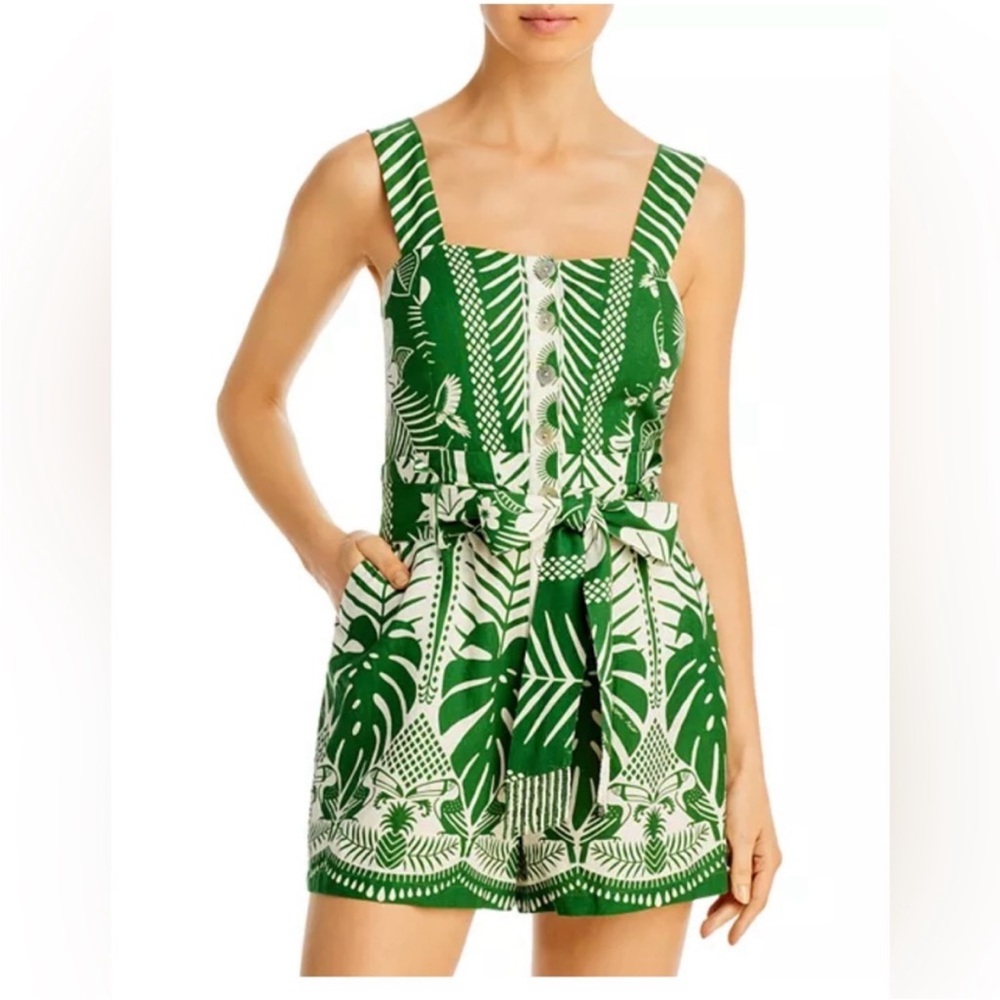 Farm Rio Green and White Patterned Romper